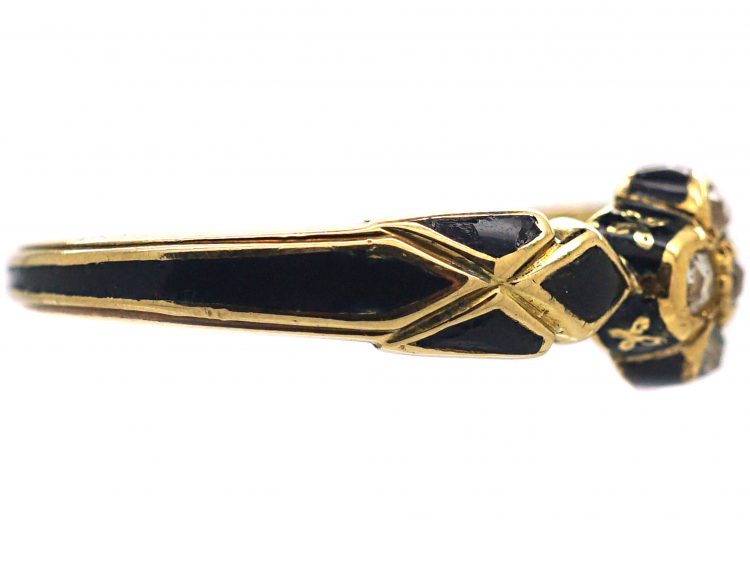 Victorian 18ct Gold & Diamond Cluster Ring with Black Enamel Detail
