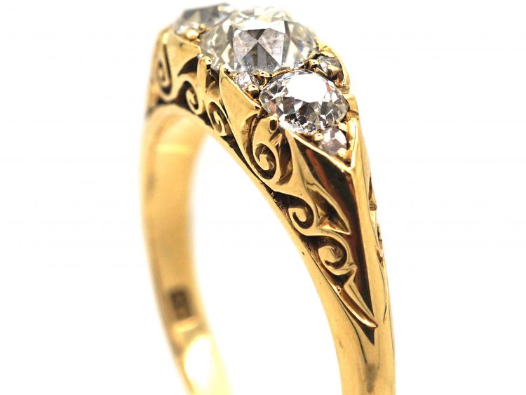 Victorian 18ct Gold, Three Stone Diamond Carved Half Hoop Ring