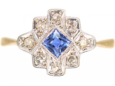 Art Deco 18ct Gold & Platinum, Sapphire & Diamond Geometric Ring