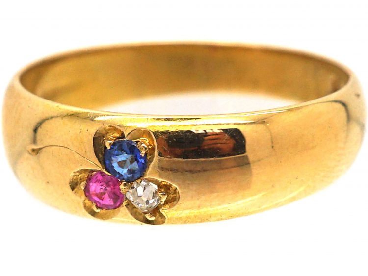 Edwardian 18ct Gold Three Leaf Clover Ring set with a Sapphire, Ruby & a Diamond