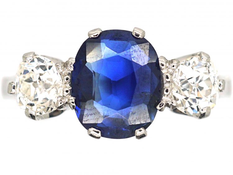 Art Deco 18ct White Gold, Sapphire & Diamond Three Stone Ring