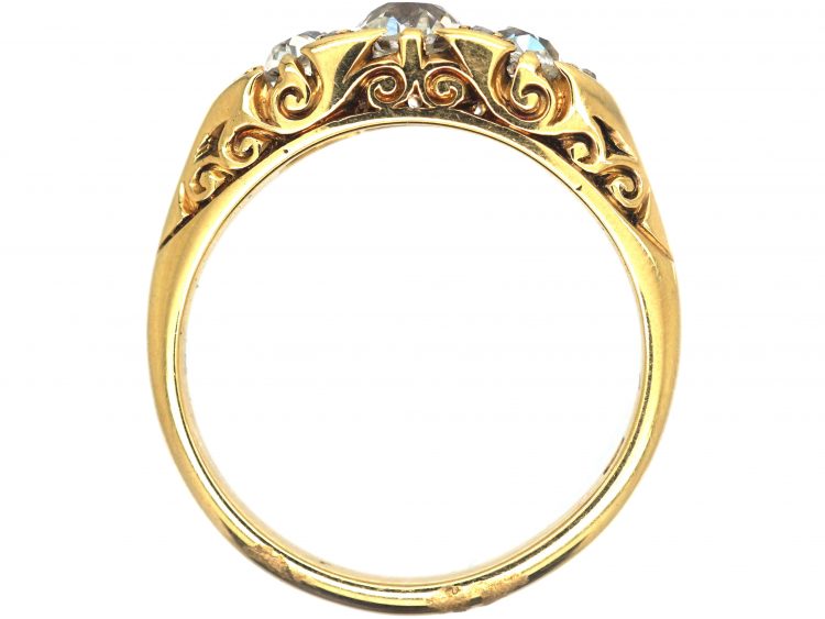 Victorian 18ct Gold, Three Stone Diamond Carved Half Hoop Ring