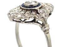 Art Deco Platinum, Sapphire & Diamond Target & Feather Style Ring
