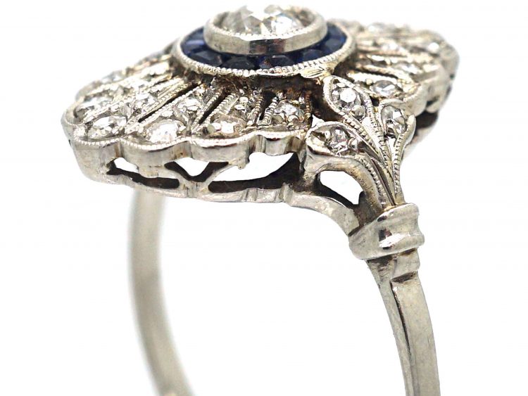Art Deco Platinum, Sapphire & Diamond Target & Feather Style Ring