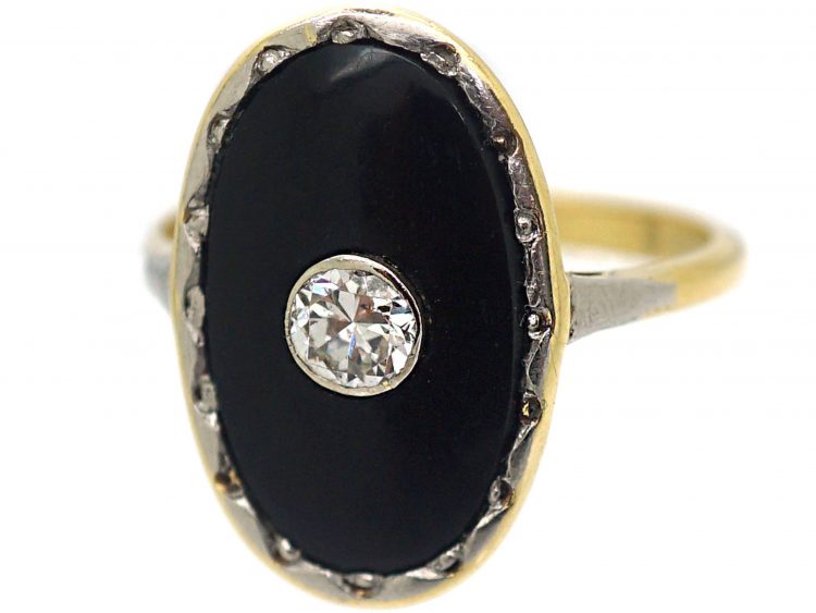 Art Deco 18ct Gold, Onyx & Diamond Oval Shaped Ring