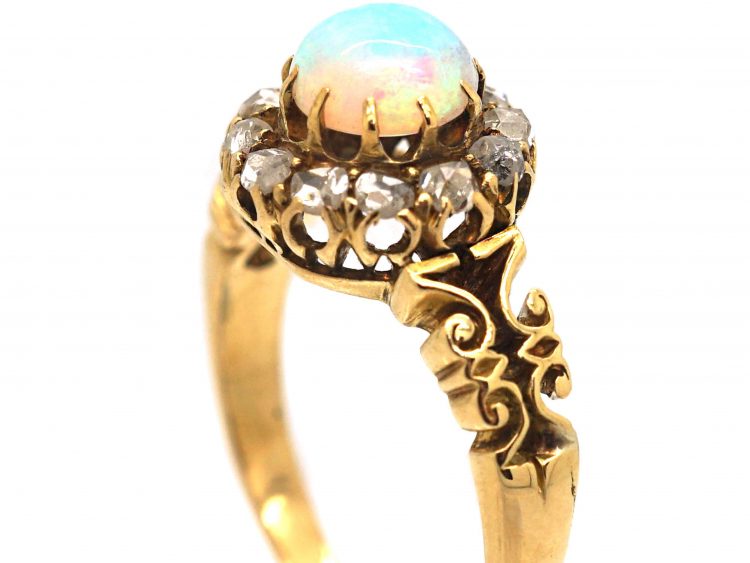 Edwardian 18ct Gold, Opal & Rose Diamond Cluster Ring