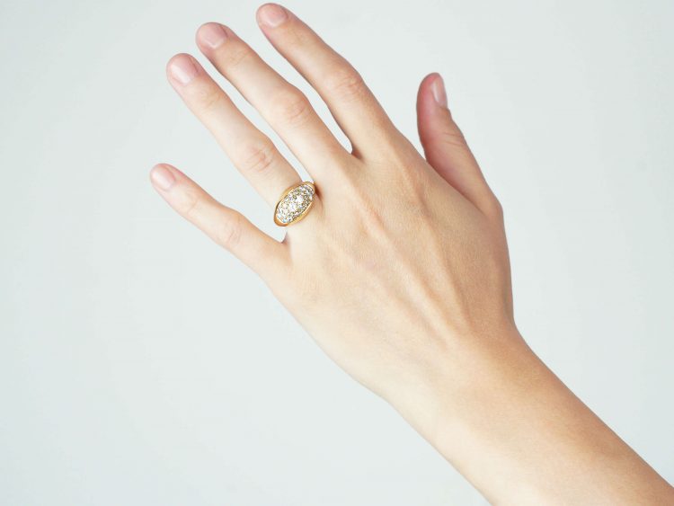 French 18ct Gold Bombe Ring with Pave Set Diamonds