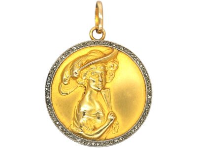 Edwardian 18ct Gold & Rose Diamond Locket with Lady with Fan