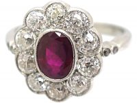 Art Deco 18ct White Gold, Burma Ruby & Diamond Oval Cluster Ring
