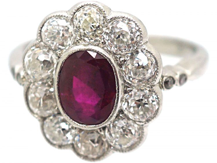 Art Deco 18ct White Gold, Burma Ruby & Diamond Oval Cluster Ring