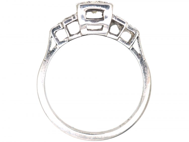 Art Deco Platinum, Diamond Solitaire Ring with Step Cut Shoulders set with Diamonds