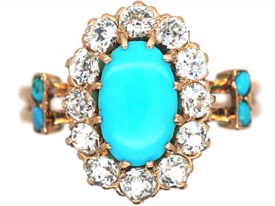 Edwardian 15ct Gold, Turquoise & Diamond Oval Cluster Ring with Turquoise Set Shoulders