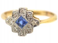 Art Deco 18ct Gold & Platinum, Sapphire & Diamond Geometric Ring