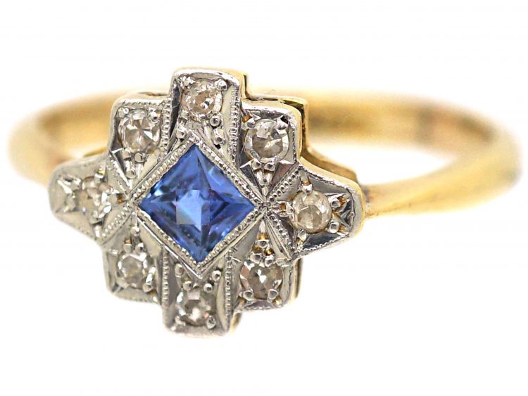 Art Deco 18ct Gold & Platinum, Sapphire & Diamond Geometric Ring