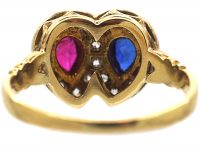 Victorian 18ct Gold Double Heart Ring set with a Ruby, Sapphire & Diamonds