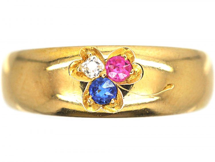 Edwardian 18ct Gold Three Leaf Clover Ring set with a Sapphire, Ruby & a Diamond