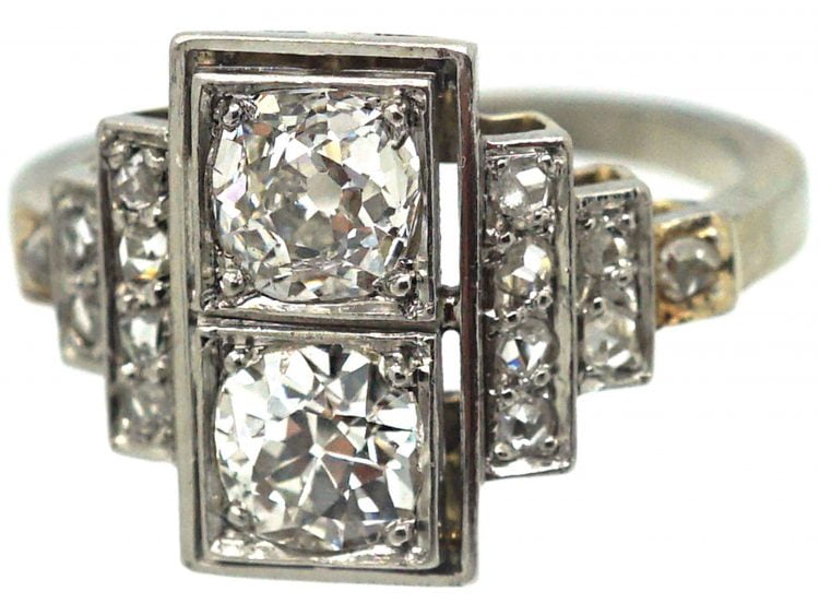 Art Deco Platinum, Two Stone Diamond Ring with Step Cut Shoulders set with Diamonds