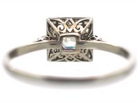 Art Deco Platinum Asscher Cut Diamond Ring with Small Diamond Set Detail