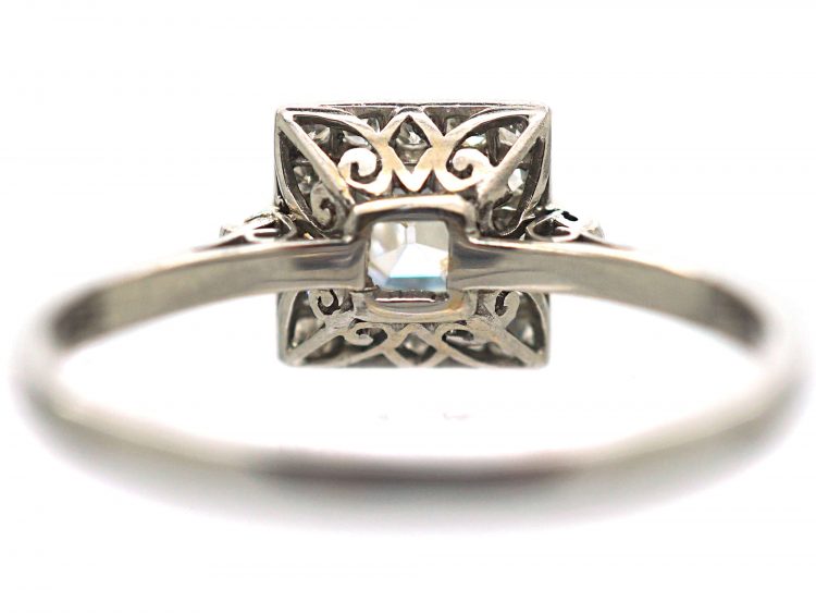 Art Deco Platinum Asscher Cut Diamond Ring with Small Diamond Set Detail