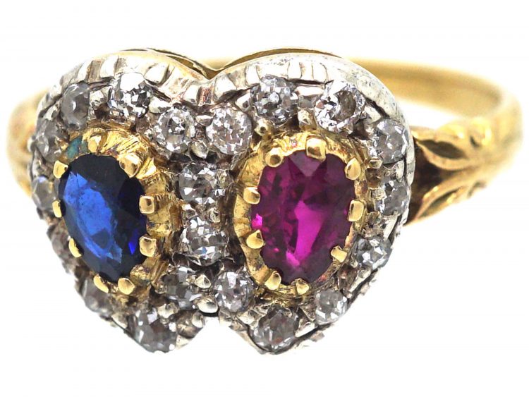 Victorian 18ct Gold Double Heart Ring set with a Ruby, Sapphire & Diamonds