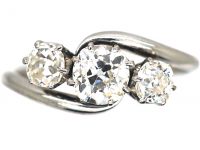 Art Deco 18ct White Gold Three Stone Diamond Crossover Ring