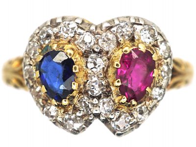 Victorian 18ct Gold Double Heart Ring set with a Ruby, Sapphire & Diamonds