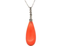 Art Deco Platinum, Diamond & Coral Pendant on a Platinum Chain