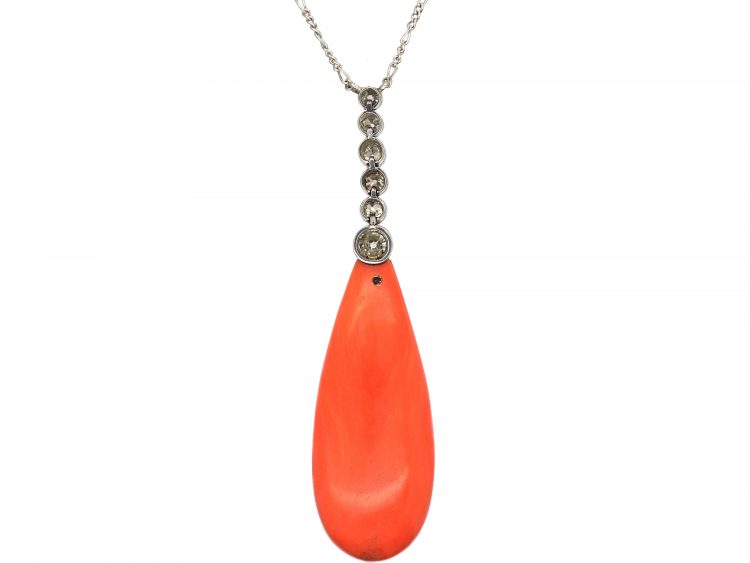 Art Deco Platinum, Diamond & Coral Pendant on a Platinum Chain