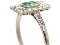 Art Deco Platinum, Emerald & Diamond Rectangular Ring with Diamond set Shoulders