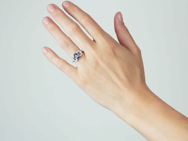 Art Deco Platinum, Sapphire & Diamond Stylised Bow Ring