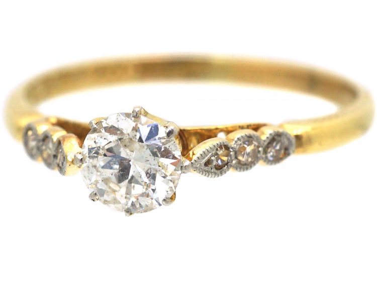 Art Deco 18ct Gold & Platinum, Diamond Solitaire Ring with Diamond Set Shoulders
