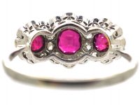 Edwardian 18ct White Gold, Three Stone Ruby & Diamond Triple Cluster Ring