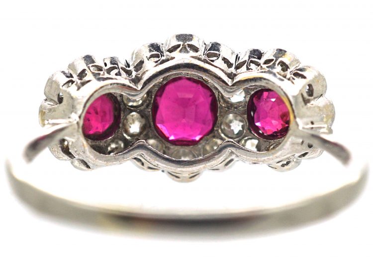 Edwardian 18ct White Gold, Three Stone Ruby & Diamond Triple Cluster Ring