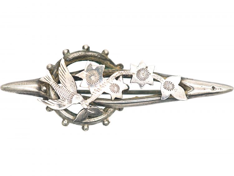 Victorian Silver Swallow & Ivy Leaf Brooch