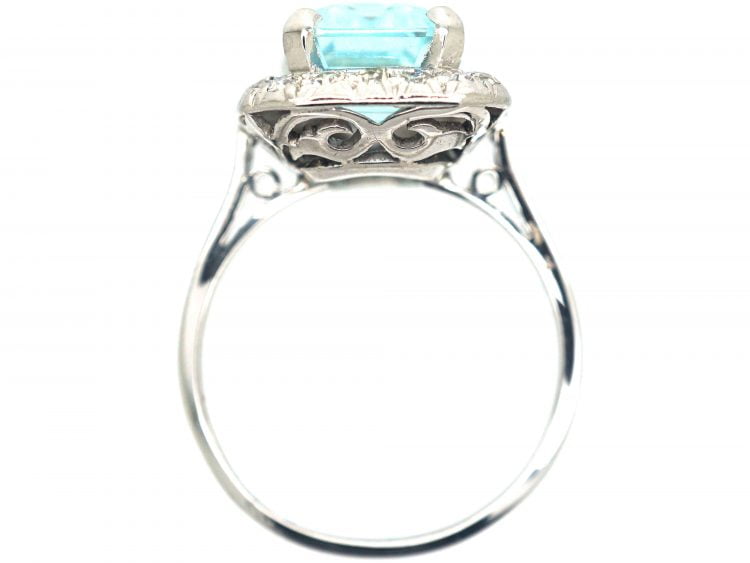 Retro 18ct White Gold, Aquamarine & Diamond Rectangular Shaped Ring