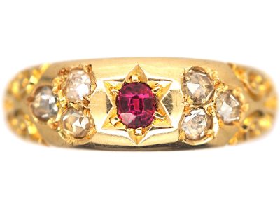 Victorian 18ct Gold, Ruby & Rose Diamond Gypsy Ring with Ornate Shoulders