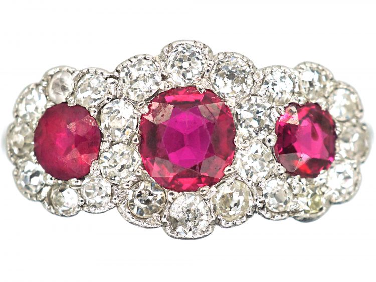 Edwardian 18ct White Gold, Three Stone Ruby & Diamond Triple Cluster Ring