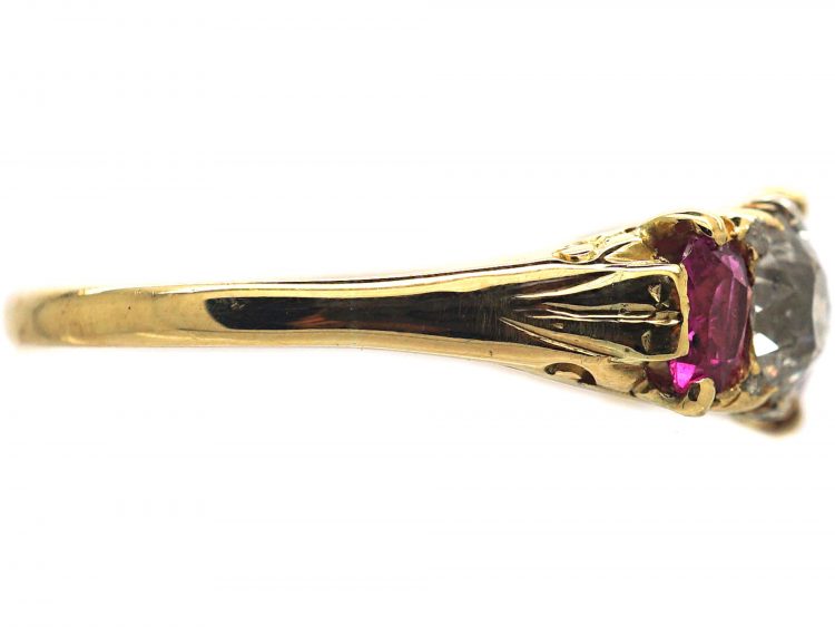 Victorian 18ct Gold, Five Stone Ruby & Diamond Carved Half Hoop Ring