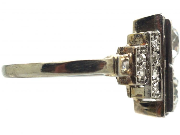 Art Deco Platinum, Two Stone Diamond Ring with Step Cut Shoulders set with Diamonds