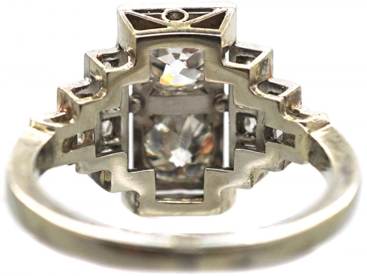 Art Deco Platinum, Two Stone Diamond Ring with Step Cut Shoulders set with Diamonds