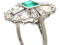Art Deco Platinum, Emerald & Diamond Navette Shaped Ring