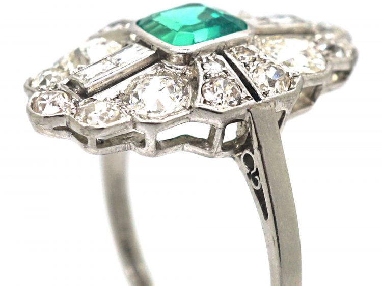 Art Deco Platinum, Emerald & Diamond Navette Shaped Ring