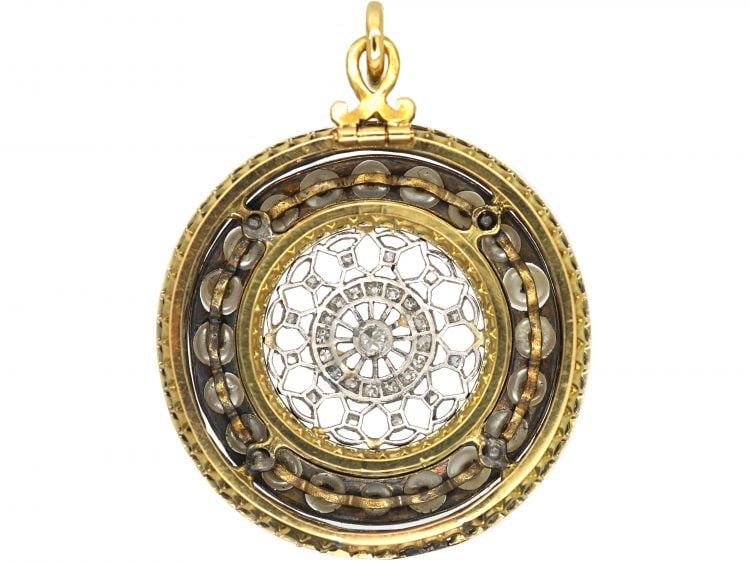 Edwardian Gold & Silver, Rose Diamond & Pearls Round Pendant