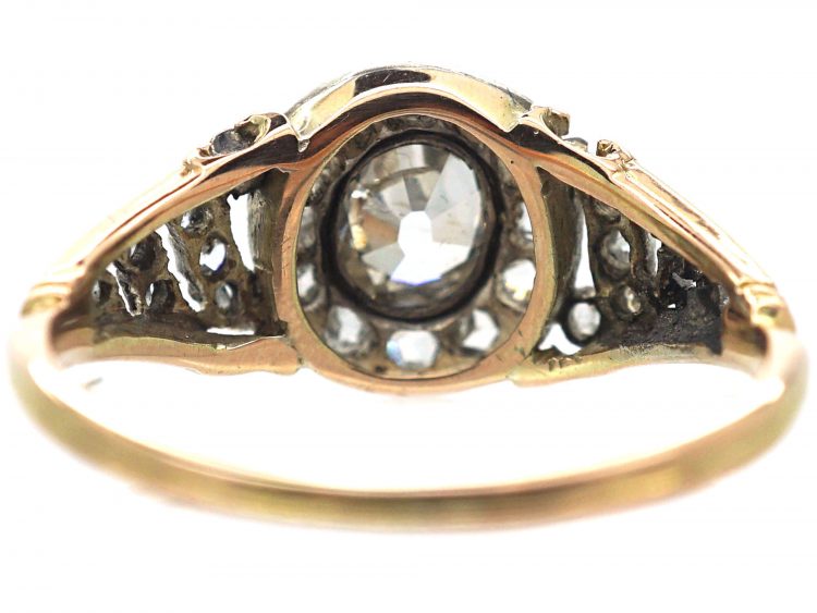 Georgian 18ct Gold & Silver, Diamond Cluster Ring with rose Diamond set Shoulders