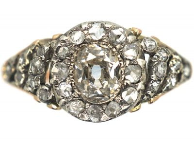Georgian 18ct Gold & Silver, Diamond Cluster Ring with rose Diamond set Shoulders