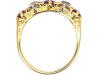 Victorian 18ct Gold, Five Stone Ruby & Diamond Carved Half Hoop Ring