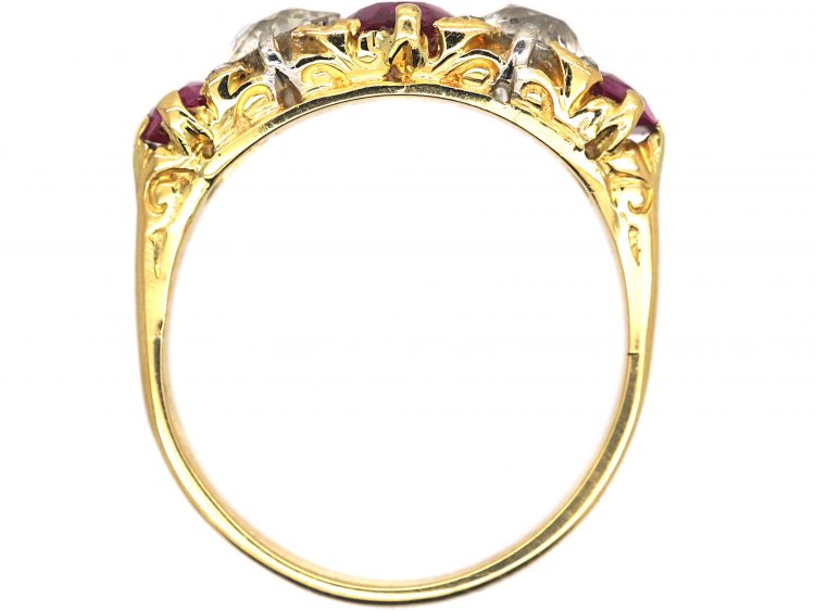 Victorian 18ct Gold, Five Stone Ruby & Diamond Carved Half Hoop Ring