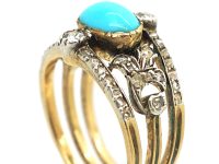 Edwardian 18ct Gold Turquoise & Diamond Ring with Rose Diamond Leaf Detail
