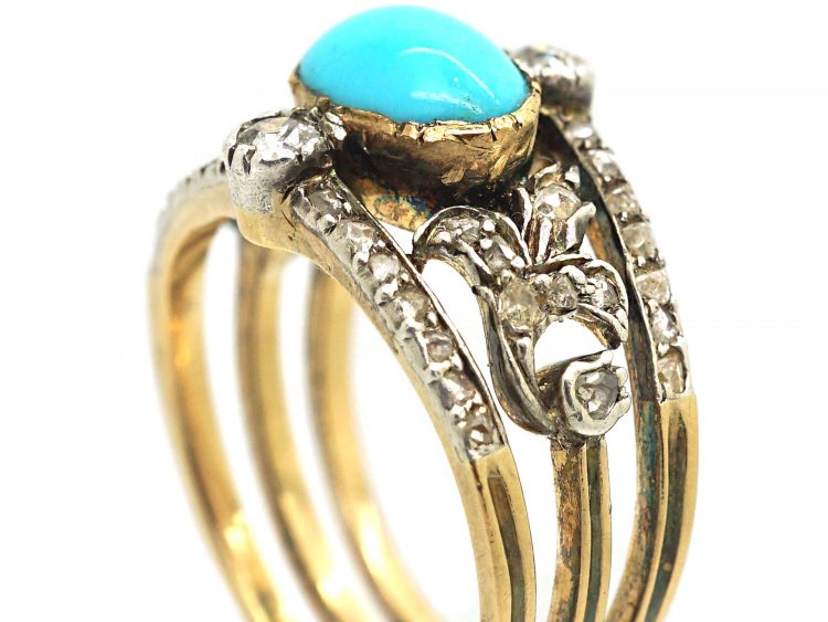Edwardian 18ct Gold Turquoise & Diamond Ring with Rose Diamond Leaf Detail