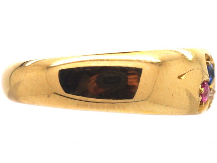 Edwardian 18ct Gold Three Leaf Clover Ring set with a Sapphire, Ruby & a Diamond